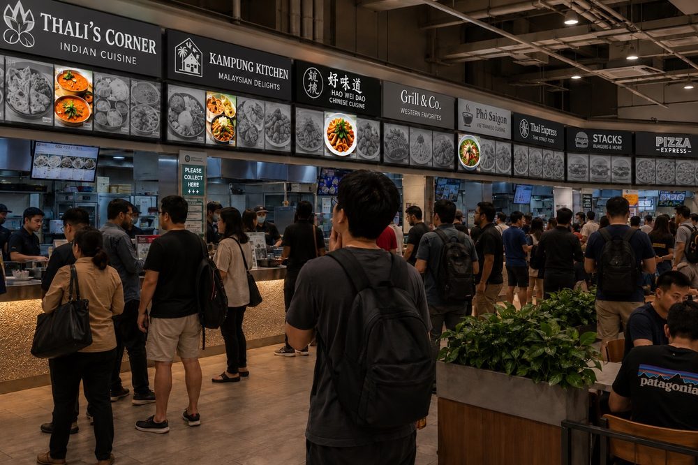 A food court floor: stall boards in several languages, and a guest standing back from the queue, deciding.